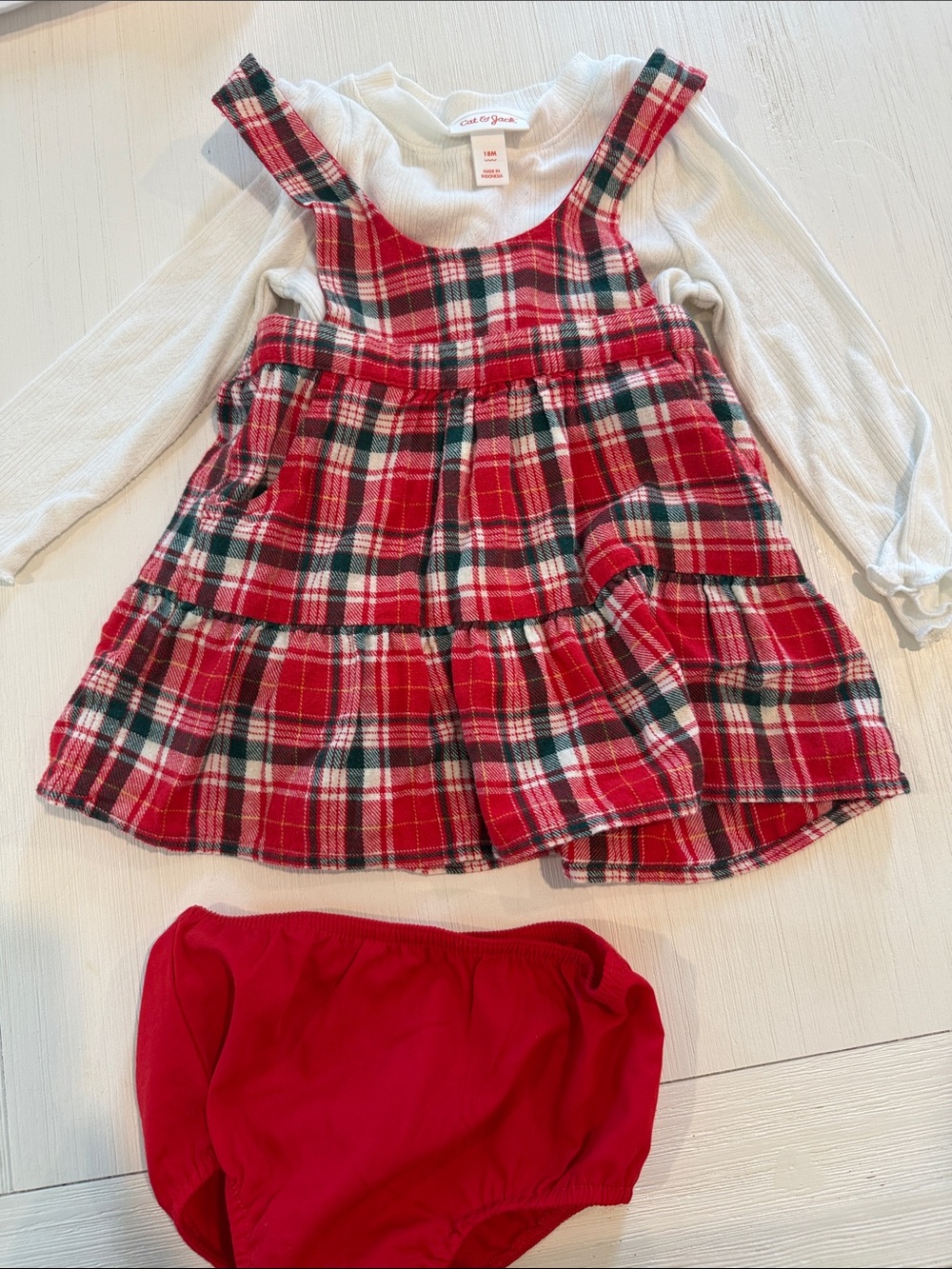 Cat & Jack Red Green Plaid Pinafore Dress with White Top and Red Bloomers